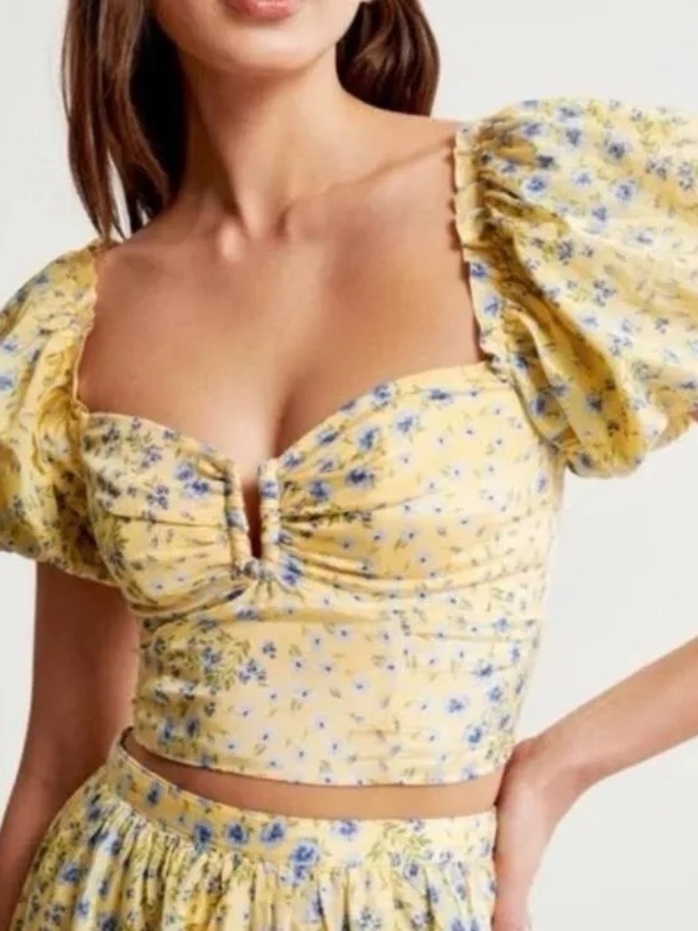 Abercrombie & Fitch Yellow Floral Puff-Sleeve Crop Top